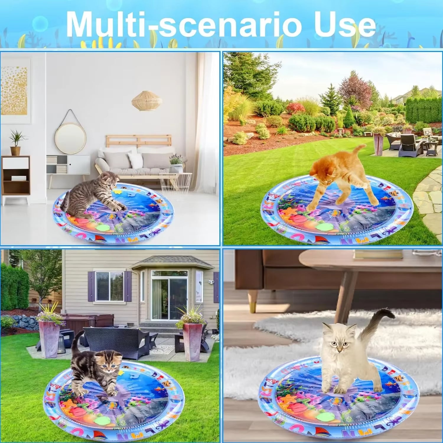 Water Sensory Play Mat Thickened Inflatable Water Mat for Cat and Dog Pet Playmat with Fish Sea Ocean Theme Sensory Toy Water