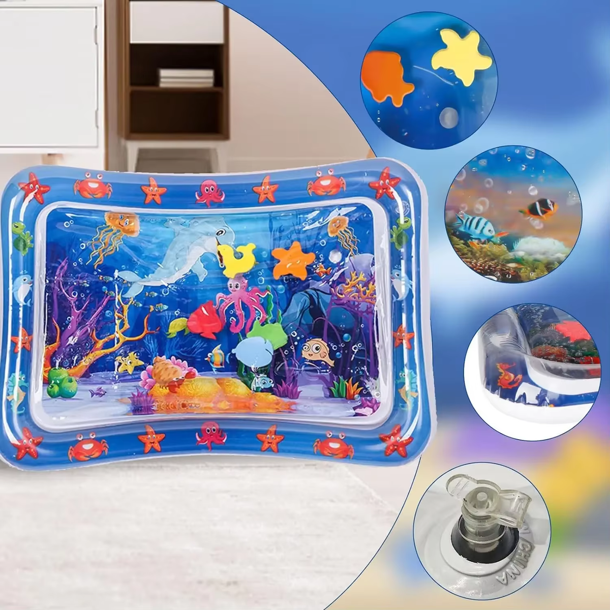 Water Sensory Play Mat Thickened Inflatable Water Mat for Cat and Dog Pet Playmat with Fish Sea Ocean Theme Sensory Toy Water